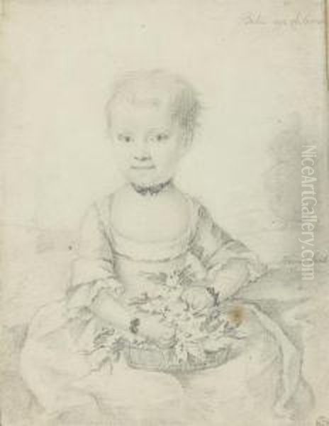 Portrait Of A Little Girl Holding A Basket Of Fruit Andflowers - view 1