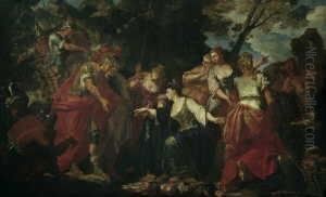 Joseph D.a. , Zugeschrieben 
Abigail Vor Konig David . Ol Auf Leinwand. H 173; B 280 Cm. Provenienz: 
Privatsammlung, Schweiz. Das Aus Baseler Privatbesitz, Also Aus Der 
Stadt, In Der Joseph Heintz by Joseph Heinz I