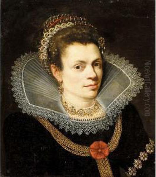 A Portrait Of A Lady, Head And
Shoulders, Wearing A Black Dress, A White Ruff, A Pearl Necklace And A
Diadem In Her Hair - view 1