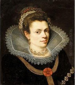 A Portrait Of A Lady, Head And
Shoulders, Wearing A Black Dress, A White Ruff, A Pearl Necklace And A
Diadem In Her Hair by Joseph Heinz I