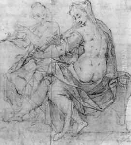 Two Partly Draped Female Nudes Playing The Flute