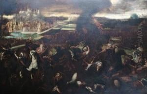 A Cavalry Battle Between Christians And Turks, A Walled City Beyond