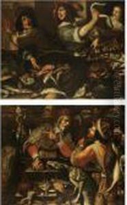 A Larder Still Life With Fish
And Shellfish, Two Young Men Arguing Watched By A Girl Behind by Joseph Heinz