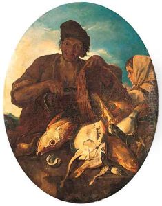 A fisherman with a basket of fish and a peasant girl by Giacomo Francesco Cipper