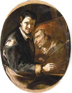 Portrait of the artist seated at his easel, three-quarter-length, in a ripped blue jacket and white shirt, with his palette and brushes by Giacomo Francesco Cipper