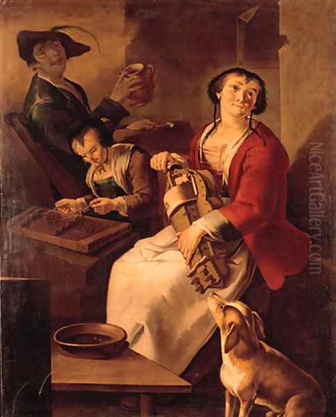 A peasant woman playing the hurdy-gurdy, a girl playing the dulcimer and drinking, a youth in a farmhouse - view 1