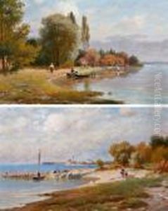 Bodenseeufer Mit Blick Auf Eine Stadt Und Bodenseeufer Mit Fischerboot Im Vordergrund