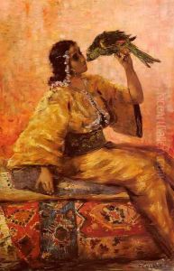A Moroccan Beauty Holding A Parrot by Frantz Charlet