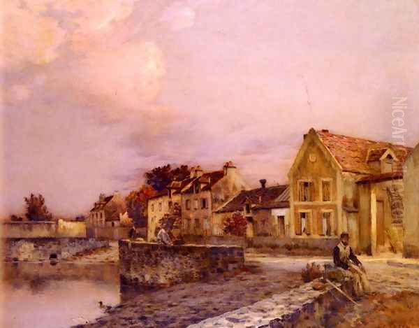 Figures At The Village Pond, Sunset - view 1