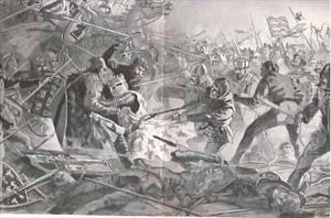 Philip charged again and again until he was pulled off his horse by the English infantry by John Cameron