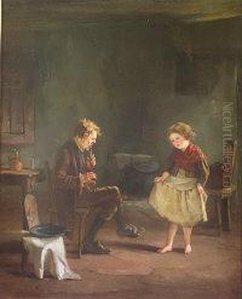 Little Girl Dancing To Old Gentleman Playing A Flute In An Interior - view 1