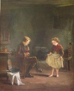Little Girl Dancing To Old Gentleman Playing A Flute In An Interior by Howard Helmick