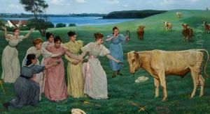 Young Women And The Bull Jupiter In A Meadow. "kalven Jupiter" by Axel Helsted
