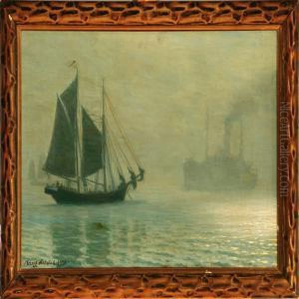 Marine With Steamship Passing A Schooner In Heavy Fog - view 1