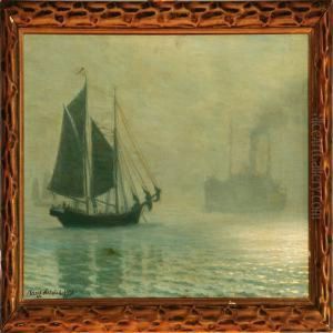 Marine With Steamship Passing A Schooner In Heavy Fog by Viggo Helsted
