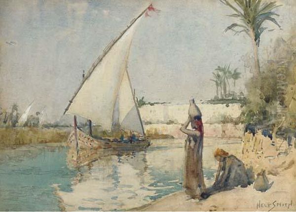 Water Carriers On The Banks Of The Nile With A Felucca Ghostingby - view 1