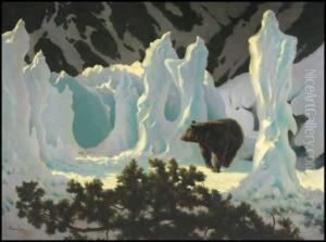 Grizzly Bear In Ice Forms In The Rockies by Arthur Henry Howard Heming