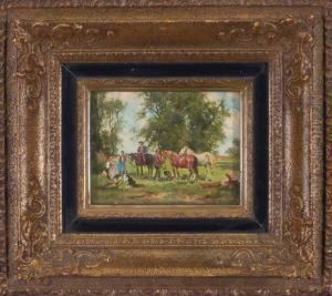 Vier Bauersleut Mitpferden Und Hunden Bei Der Rast by Georg Hemmrich