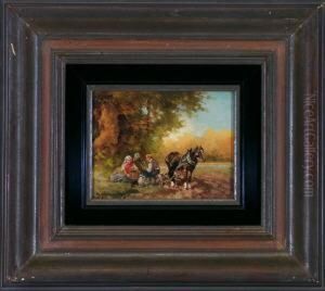 Rast Bei Der Feldarbeit - Bauernpaar Mit Pferd Unter Baumen Am Ackerrand by Georg Hemmrich