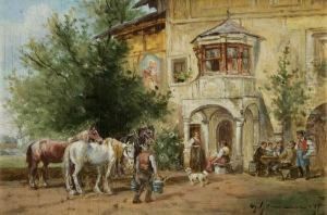 Pferde Und Bauern Vor Dem Wirtshaus by Georg Hemmrich