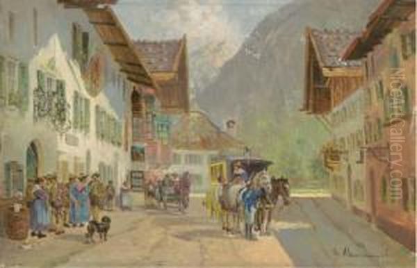 A Gathering Outside An Alpine Tavern - view 1
