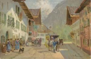 A Gathering Outside An Alpine Tavern by Georg Hemmrich