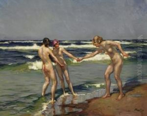 Three Young Women Bathing On The Beach. Signed Bottom Right: Hempfing - view 1