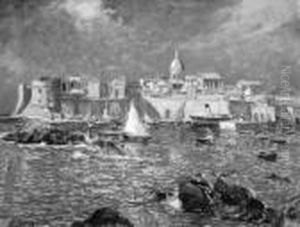 "blick Auf Dubrovnik". Sign.
Ol Auf Karton. 45,5 X 59 Cm. Rahmen by Wilhelm Hempfing