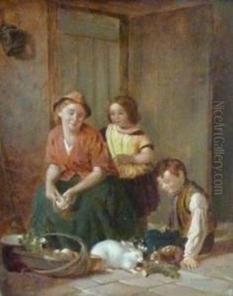 Mother And Children With Rabbits - view 1