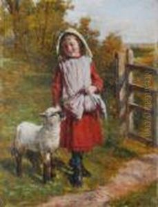 Girl With A Lamb By A Gate by William Hemsley