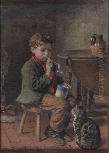 Boy Blowing A Bubble, Being Watched By A Cat by William Hemsley