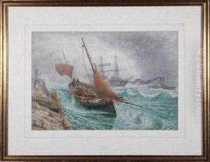 A Sailing Trawler, A Sailing Ship And A Paddle Tug Entering Harbour by Bernard Benedict Hemy