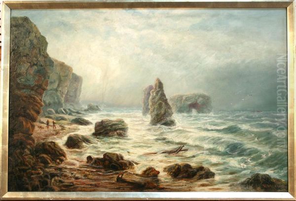 Rocky Coastal View With Twofisherman Hauling In Nets - view 1