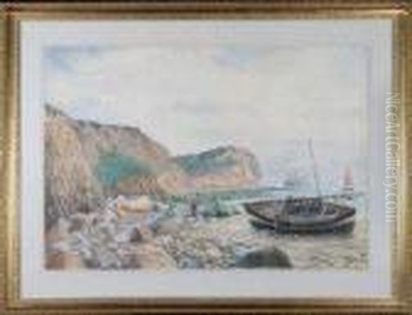 A Fishing Boat On The Beach In A Rocky Bay With A Sailing Ship Andother Vessels Beyond - view 1