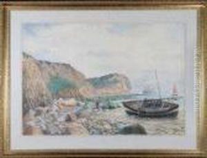 A Fishing Boat On The Beach In A Rocky Bay With A Sailing Ship Andother Vessels Beyond by Bernard Benedict Hemy
