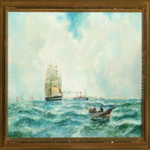 Seascape With Sailing Ships At Sea by Bernard Benedict Hemy