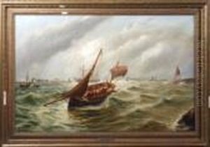 A Sailing Trawler Entering The
Port Of Tyne With The Groyne Lighthouse And Other Shipping In The
Background by Bernard Benedict Hemy