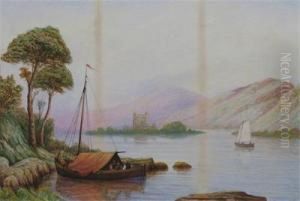 A Lakeland Scene With Fishing Boat, Mountains Beyond by Bernard Benedict Hemy