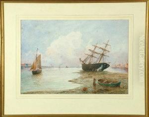A Merchant Brig Undergoing Repairs At A Harbour Mouth by Bernard Benedict Hemy