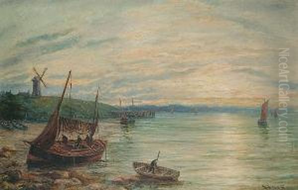 Fishing Off A Coastline With A Windmill Beyond - view 1