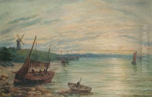 Fishing Off A Coastline With A Windmill Beyond by Bernard Benedict Hemy