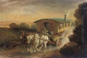 A Horse-drawn Gypsy Caravan On A Track