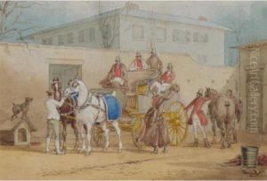 A Coach And Horses In A Stable Yard