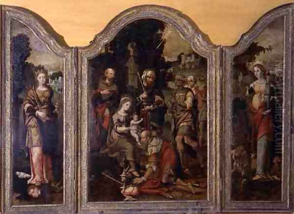 Triptych depicting the Adoration of the Magi and two saints - view 1