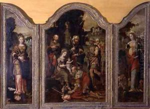 Triptych depicting the Adoration of the Magi and two saints