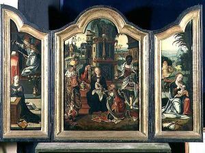 Triptych: The Adoration of the Magi (central panel), The Annunciation (LH panel),The Rest on the Flight into Egypt (RH panel) by Pieter Coecke Van Aelst