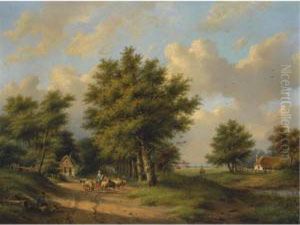 A Summer Landscape With A Shepherdess On A Country Road