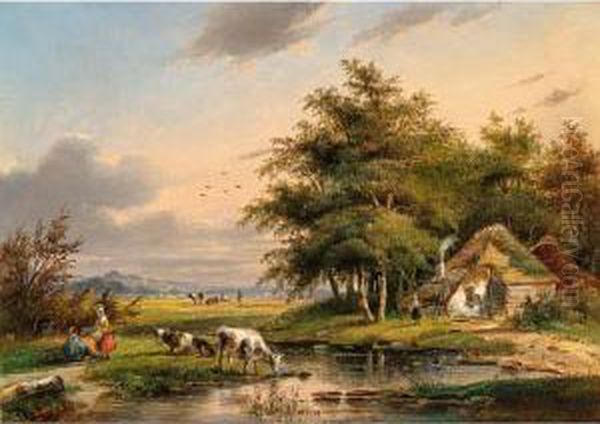 Cows In A Meadow, Travellers Resting Nearby - view 1