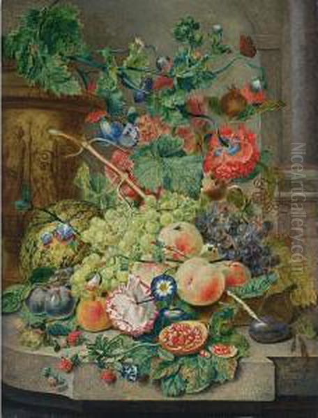 A Still Life With Grapes,
Peaches, Prunes, A Melon, A Pomegranate, Raspberries, Together With
Morning Glory, An Opium Poppy, Hollyhocks And A Rose, All On A Marble
Ledge Together With A Butterfly, A Fly And Ants, A Terracotta Vase
Displaying A Cla - view 1