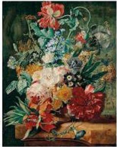 A Still Life Of Spring Flowers
Including Roses, Tulips, Narcissi, Peonies, Carnations, Gentians,
Fritillaries, Daffodils, Irises, Bluebells And Morning Glory, In A
Carved Stone Urn Upon A Marble Ledge In A Garden Setting by Wijbrand Hendriks